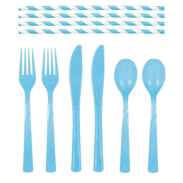 blue straw and cutlery set