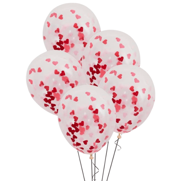 5 red heart balloons